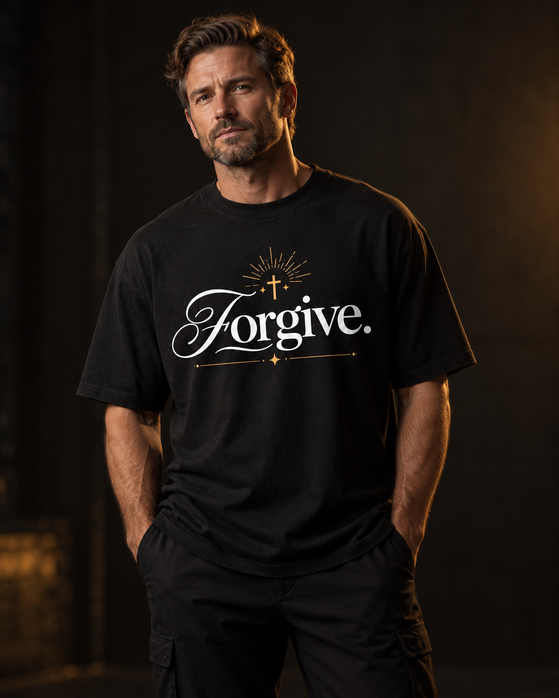 White man wearing the black GIGATT Forgive tee