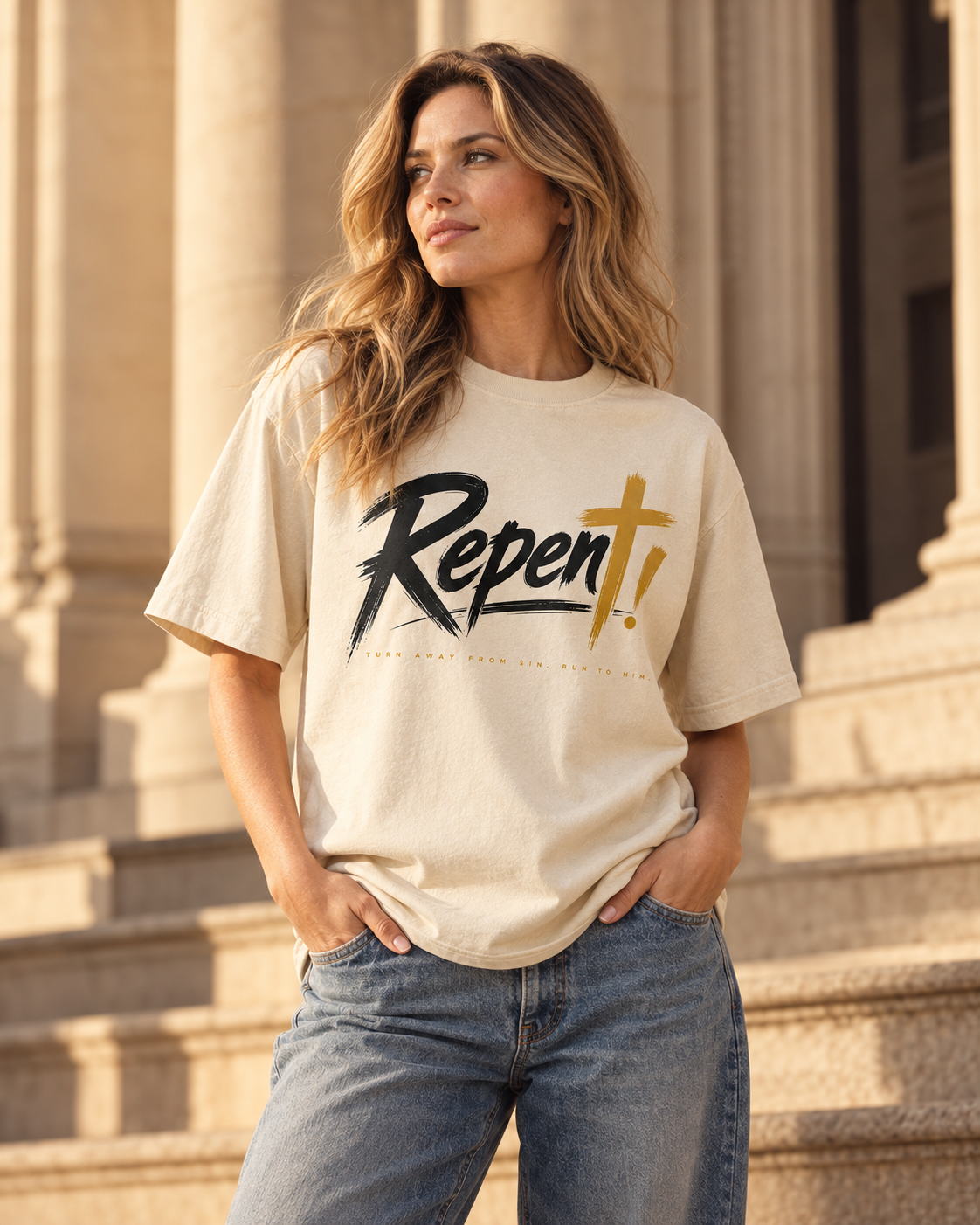 White woman wearing the bone GIGATT Repent tee