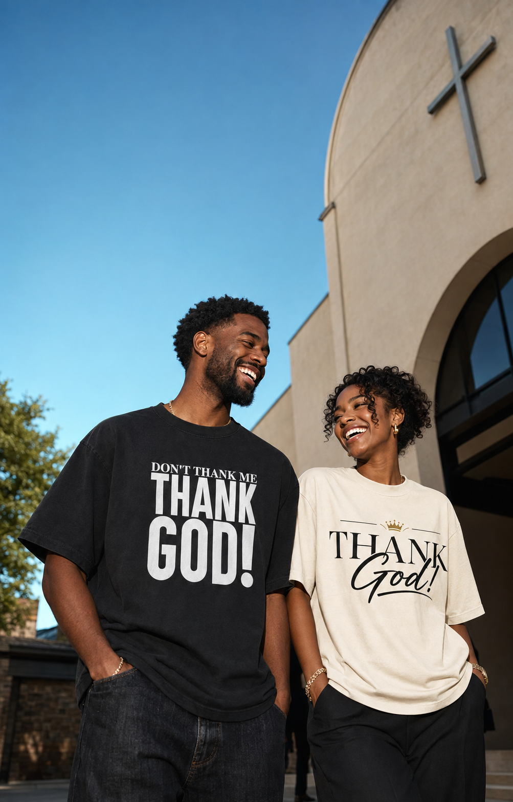 Friends wearing GIGATT Thank God statement tees